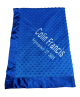 Electric blue minky dot blanket with Arial white thread embroidery and satin border