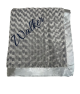 Personalized silver baby blanket with luxe rose texture, satin border, and custom embroidery name "Walker" in elegant navy script.

