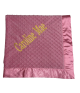 Rose pink minky dot blanket with Garamond metallic gold embroidery and satin border