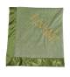 Sage green minky dot blanket with Bodoni metallic gold embroidery and satin border