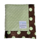 Minky Dot Sage Green Retro Dot Baby Blanket featuring a soft, textured sage green minky dot front and a brown satin backing with large sage green polka dots. Plush and cozy with a silky satin trim. Luxury receiving blanket by My Blankeé, perfect for newbo