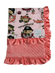 Pink pirate-themed baby blanket with coral minky dot fabric and soft satin ruffle border, 30"x40", cozy, fun, and perfect for personalization.