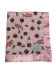 Pink ocean-themed Minky blanket with cute sharks, anchors, and sea creatures, featuring a silky pink satin trim, soft and perfect for snuggling.