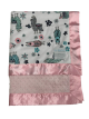Soft llama baby blanket featuring a playful llama and floral print on white minky fabric, with a silky pink satin trim and plush dimpled backing. Perfect for newborns, infants, and toddlers, offering cozy comfort and a stylish touch. Ideal for personalize