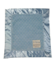 Blue minky dot baby blanket with satin trim, soft and cuddly texture, perfect for comforting babies and toddlers during naps, travel, or bedtime.