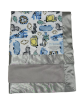 Adorable gray minky baby blanket with satin trim, featuring a cute safari animal print with giraffes, lions, zebras, and hippos. Soft, cozy, and perfect for newborns and toddlers