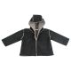 Baby jacket in black sueded finish with grey fuzzy lining and hood. Lightweight, soft, and cozy for everyday comfort and layering.