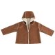 Lightweight baby jacket in rich expresso brown sueded fabric with a soft fuzzy cream lining and hood for cozy comfort and style.