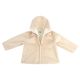Lightweight cream jacket with sueded fuzzy texture and hood. Soft and breathable outerwear for cozy comfort in transitional weather.