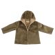 Lightweight olive green baby jacket made from ultra-soft sueded fuzzy fabric. Features a cozy hood for extra warmth and comfort.