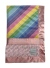 Soft pastel rainbow baby blanket with pink luxe rose minky and satin trim. Cozy, handmade, and perfect for snuggling and gifting.