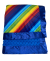 Vibrant rainbow striped baby blanket with royal blue minky dot and shiny satin trim. Ultra-soft, cozy, and perfect for stroller or gifting.
