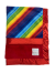 Rainbow striped baby blanket with soft red minky dot backing and silky satin trim. Cozy, colorful, and ideal for babies, strollers, or gifting.