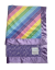 Pastel rainbow baby blanket with lavender luxe rose minky and silky trim. Ultra-soft, cozy, and handmade with colorful stripes.