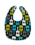 Organic cotton baby bib with playful colorful guitar pattern featuring teal, gray, yellow, and white guitars on a black background.