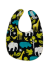 Organic cotton baby bib with playful zoology print featuring giraffes, elephants, frogs, and trees on a black background with topas accents.

