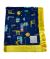 City-themed baby blanket featuring colorful cars, helicopters, airplanes, and animals on a soft navy blue minky fabric. Trimmed with a silky yellow satin border 