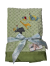 Soft sage green minky dot baby blanket with satin trim, featuring adorable embroidered party animals—lion, giraffe, and elephant with balloons.