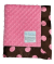 Minky Dot Rose Pink Retro Dot Baby Blanket featuring a soft, textured pink minky dot front and a brown satin backing with large pink polka dots. Plush and cozy with a silky satin trim. Luxury receiving blanket by My Blankeé, perfect for newborns and gifts