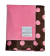 Minky Pink Retro Dot Baby Blanket featuring a soft solid pink front and a brown satin backing with large pink polka dots. Plush and cozy with a silky satin trim. Luxury receiving blanket by My Blankeé, perfect for newborns and gifts.