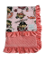 Pink pirate-themed baby blanket with coral minky dot fabric and soft satin ruffle border, 30"x40", cozy, fun, and perfect for personalization.