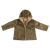 Lightweight olive green baby jacket made from ultra-soft sueded fuzzy fabric. Features a cozy hood for extra warmth and comfort.